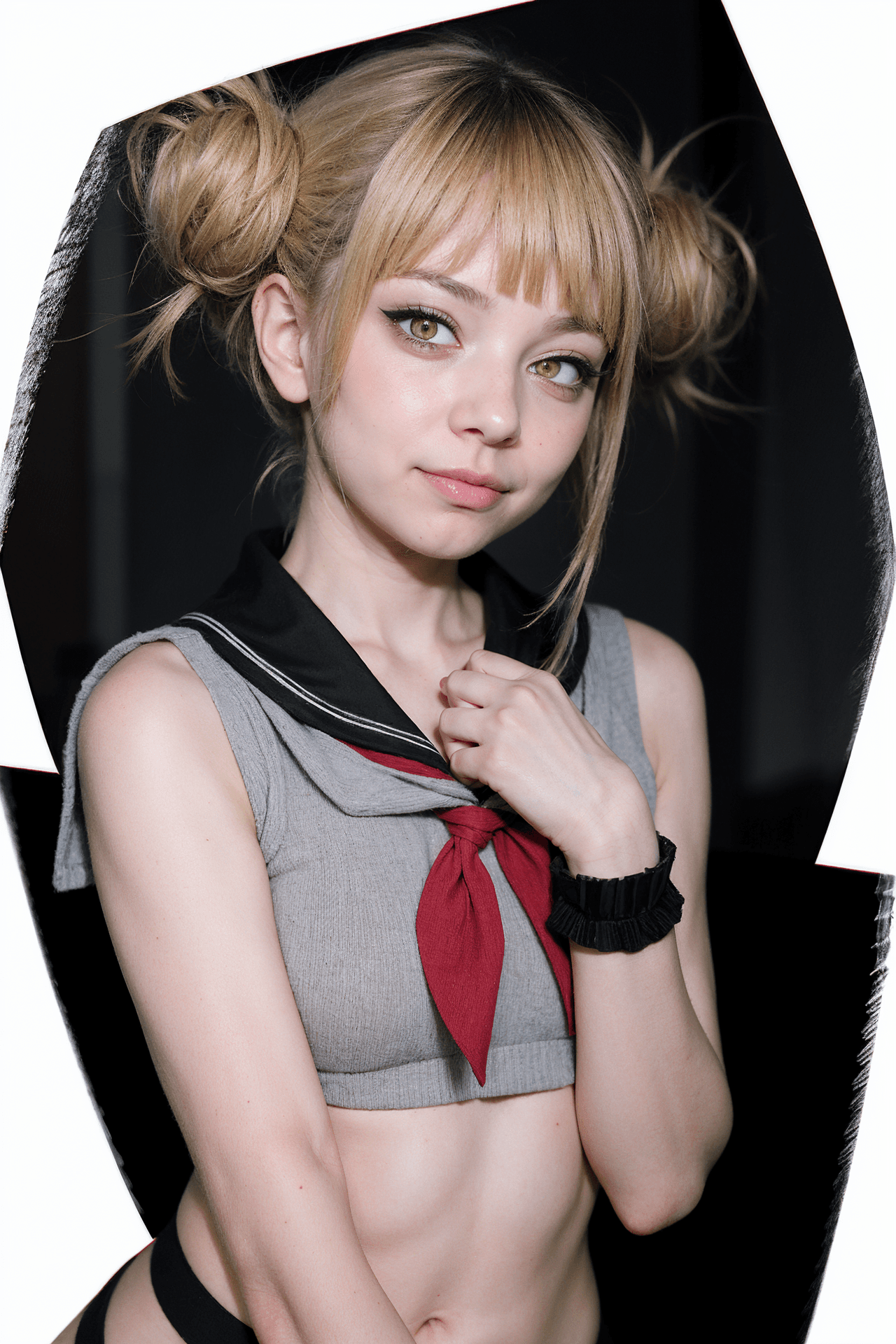 AI generated: cute 18yo, innocent look, shy, delicate, seductive smirk, lip bite, black nails, eyeliner