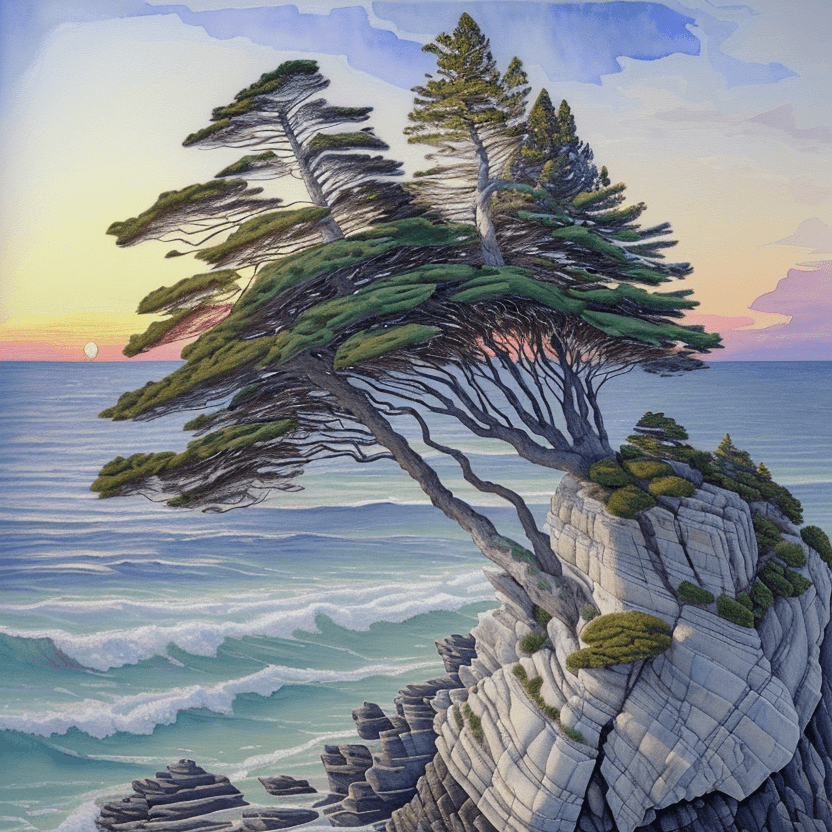 AI generated: a painting of a tree sitting on top of a rock, a watercolor painting, inspired by Arthur Lismer, cg ...