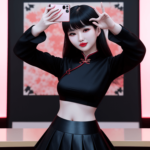 AI generated: Chinese model poses for a selfie,black skirt, in the style of social media influencers, webcam photo...