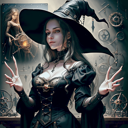 AI generated: Create an oil painting that captures the essence of a young sorceress practicing mechanical magic. O...