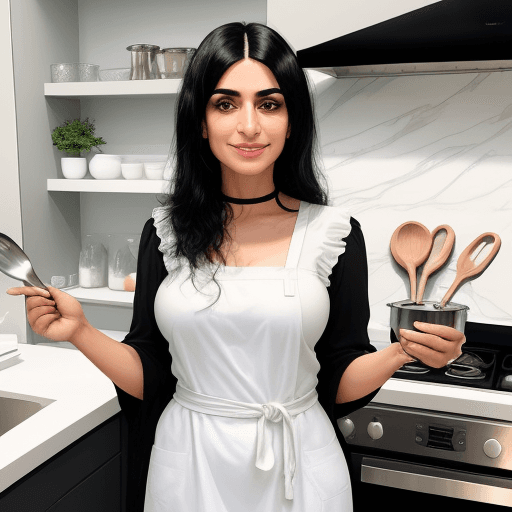 AI generated: "A 30-year-old arab woman with black hair, standing confidently in a modern kitchen. She is wearing ...