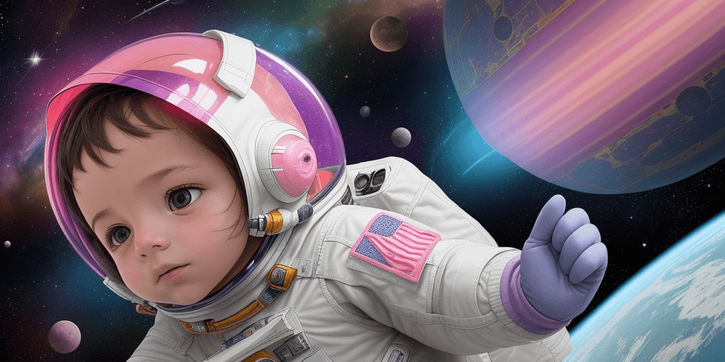 AI generated: A child thinking and dreaming of going to space, the image should be two-dimensional and like childr...
