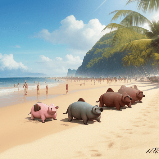 AI generated: des cochons qui bronzent sur la plage,  concept art:: --ar 16:9