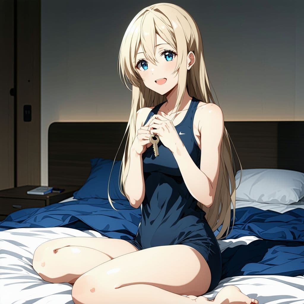 AI generated: bedroom, anime woman sitting on the edge of the bed with her legs dangling to the floor, 25 years ol...