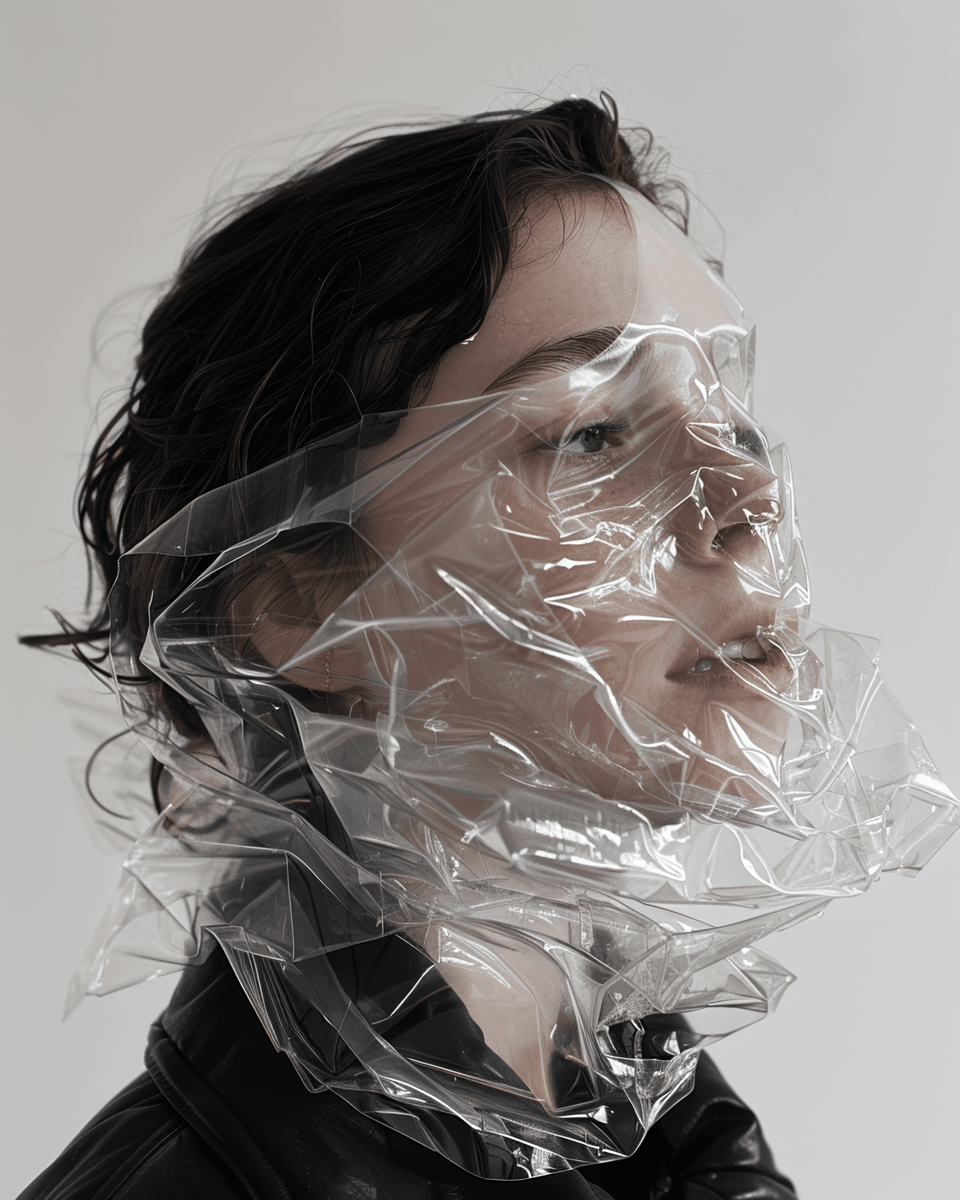 AI generated: A woman with brown hair and white skin, her face covered in clear plastic. The mask is transparent, ...