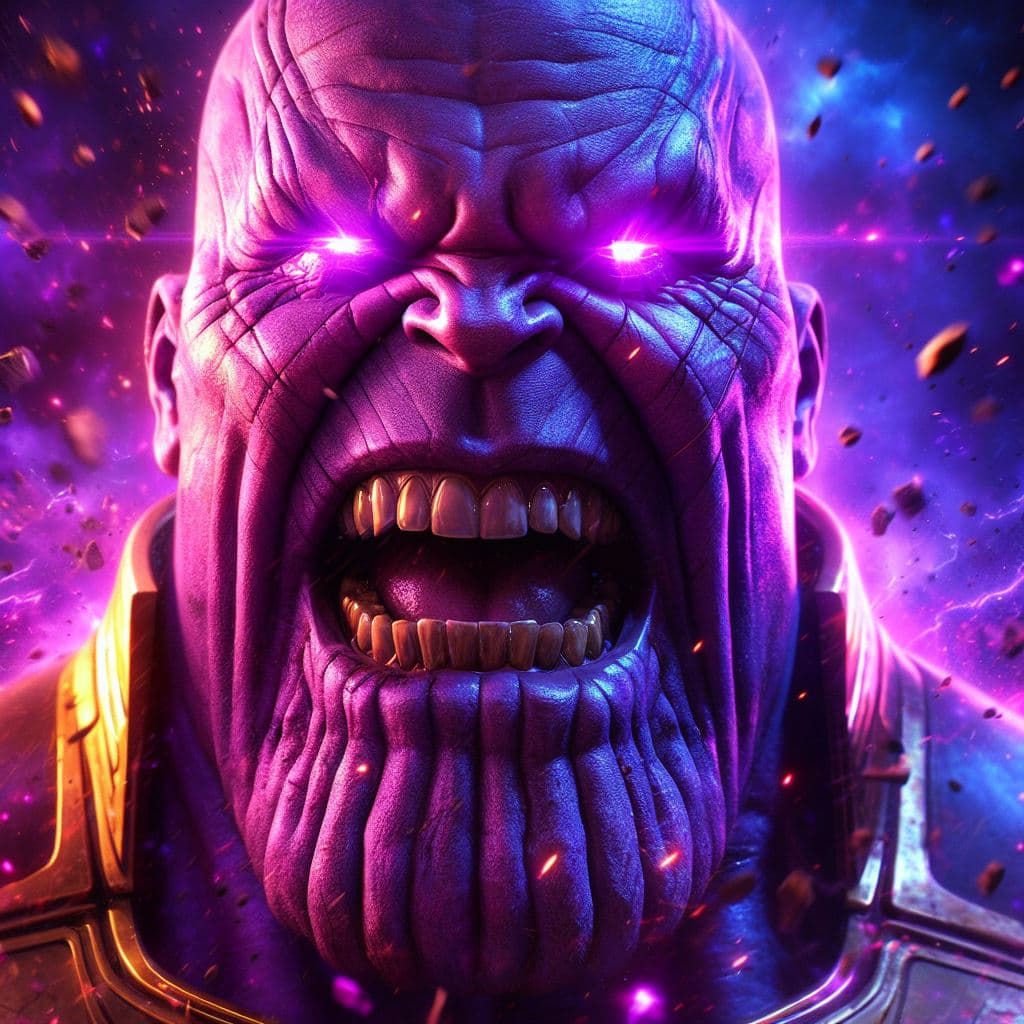 AI generated: Close-up of face of Thanos screaming, in a fit of rage, purple eyes, Masterpiece, gigantic scale, as...