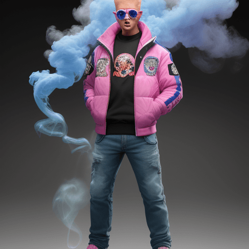AI generated:  (full shot)(full body) High resolution ultras, hooligan, pink panther, with blue jacket smoke joint...
