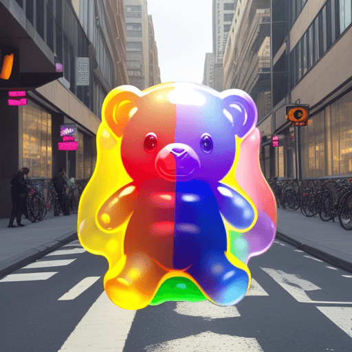 AI generated: A translucent multicoloured jelly bear running through city streets.