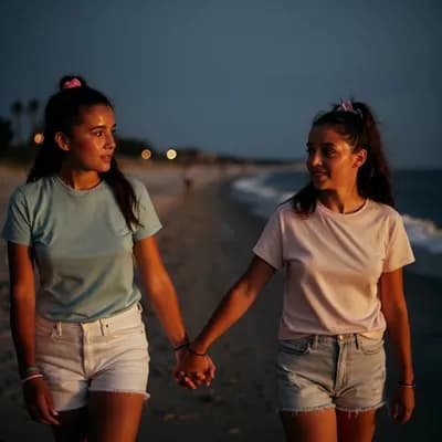 AI generated video: the camera moves back as the subjects walk slowly towards it