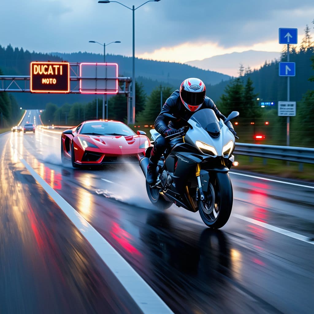 AI generated: The image depicts a surreal scene on a highway. A  MAN WITHOUT HELMET riding A DUCATTI MOTO  speedin...