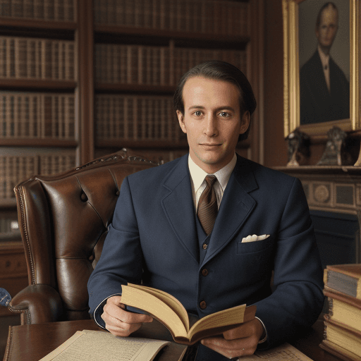 AI generated: a realistic portrait of a lawyer doing his reading, classic navy suit, antique book, large room, cla...