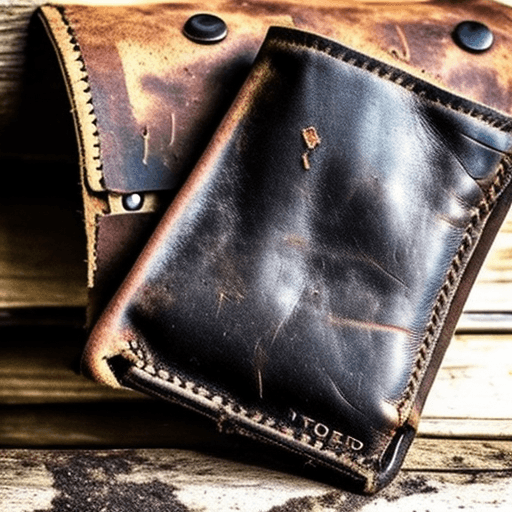 AI generated: An abandoned leather wallet, held open by a begger to show no cash or credit cards. Style: goth