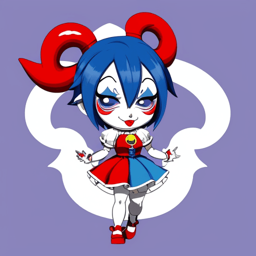 AI generated: Chibi style, colorful jester character with blue hair and big eyes, wearing red shoes and a clown co...