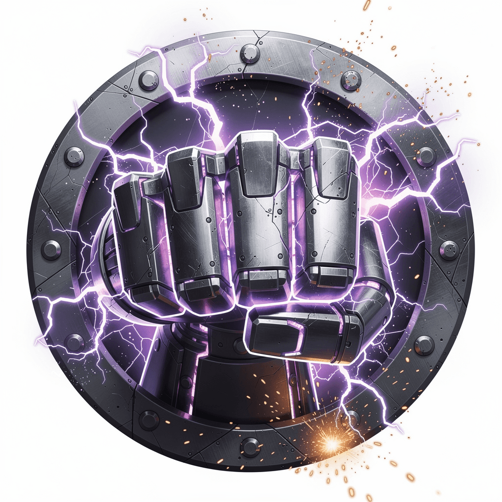 AI generated: "Circular metallic steel fist glowing purple (#B93AF4) energy, riveted metal ring, sparks, transpare...