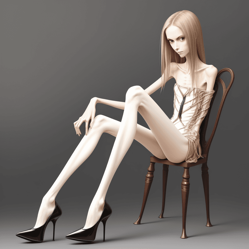 AI generated: very skinny anorexic legs  in high heels, high heels, sitting, the tips of the shoes are very long t...