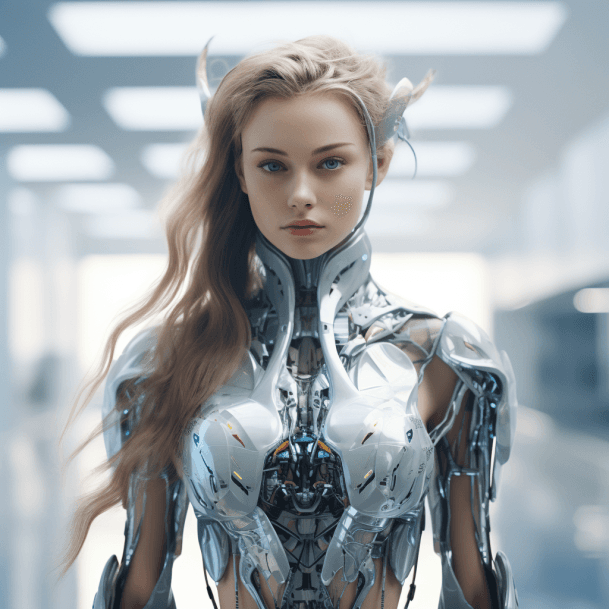 AI generated: a cyber-girl, very beautiful with long hairs, elegant pose, no background, white bg, highly detailed...