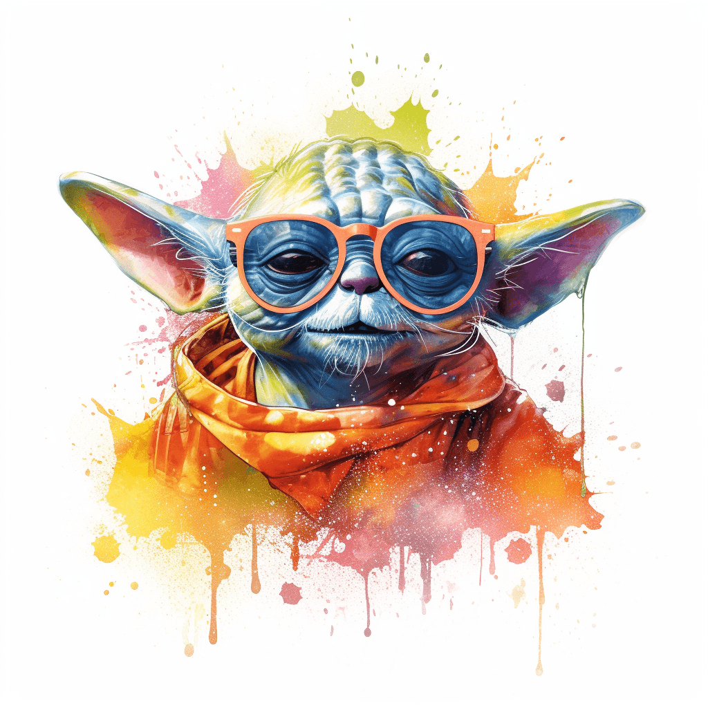 AI generated: tshirt design, colourful, no background, yoda with sun glasses, dancing at a festival, ink splash, 8...