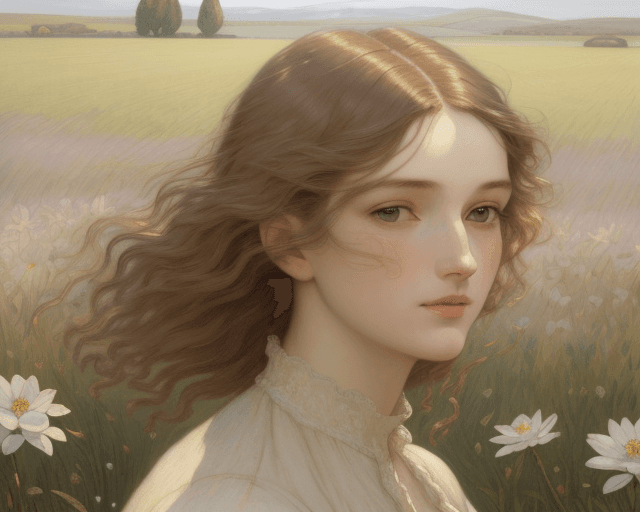 AI generated: woman in the field, insipired by Lucien Lévy-DhurmerLe Silence and Albert-Émile Artigue Fleurs de Pr...