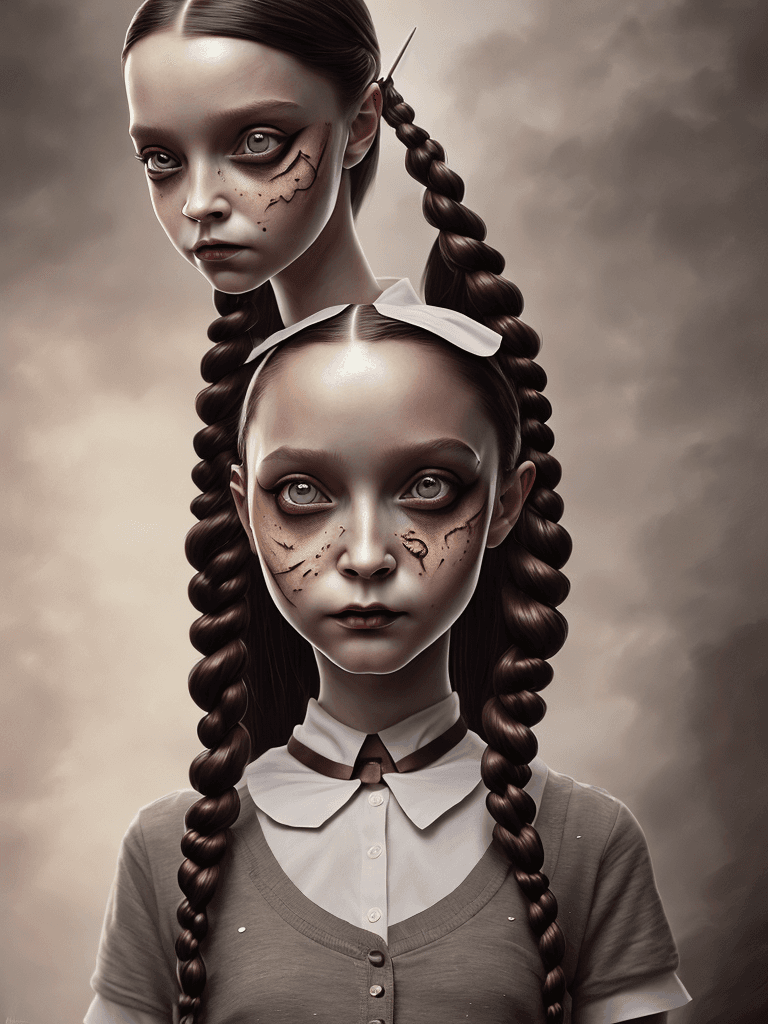 AI generated: hyper realistic photograph, portrait of wednesday addams with BROWN eyes and BROWN hair, Jenna Orteg...