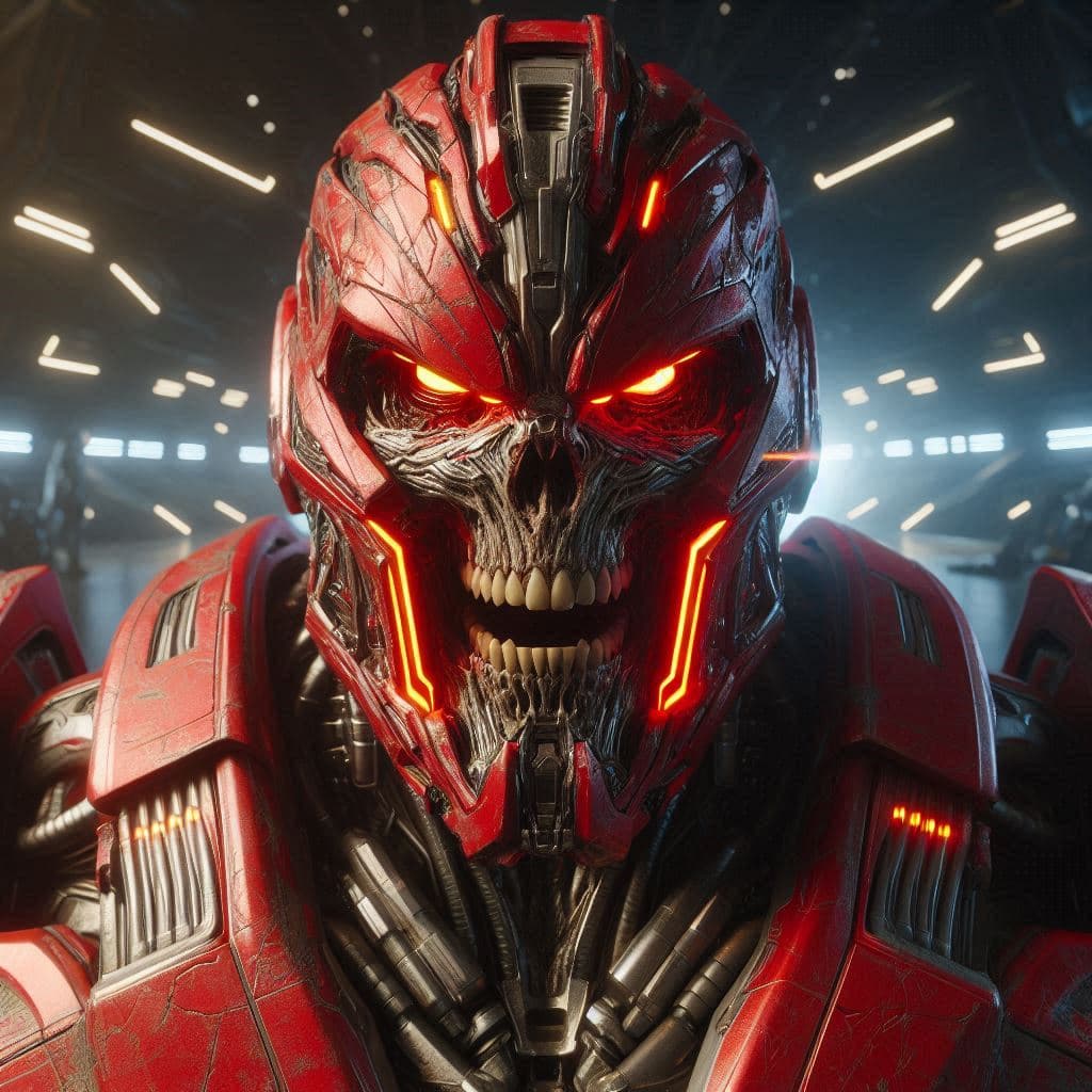AI generated: ultra-wide photo red sci-fi armor with cyber helmet, horrible face, horror style, sneering smile, sh...