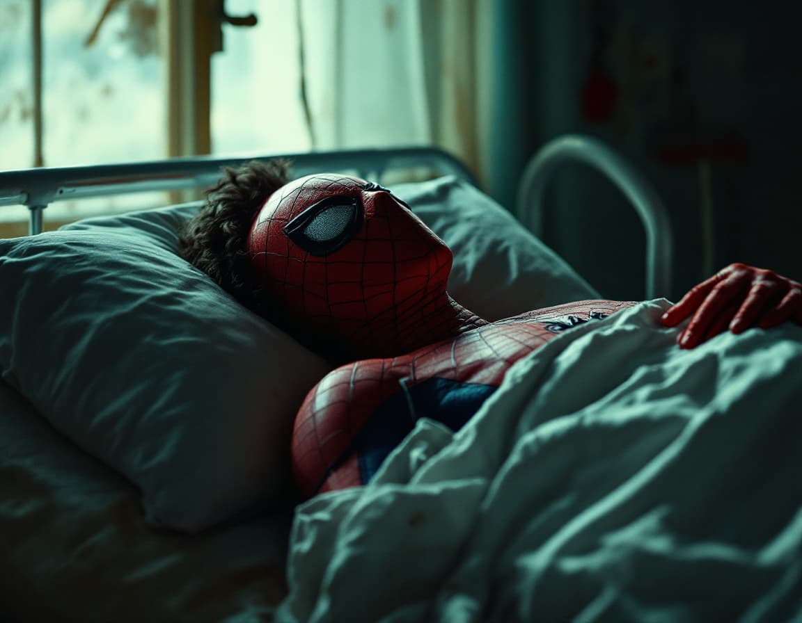 AI generated: spiderman sick , lie on a bed of an old hospital with a priest, warm low lighting high contrast, mix...