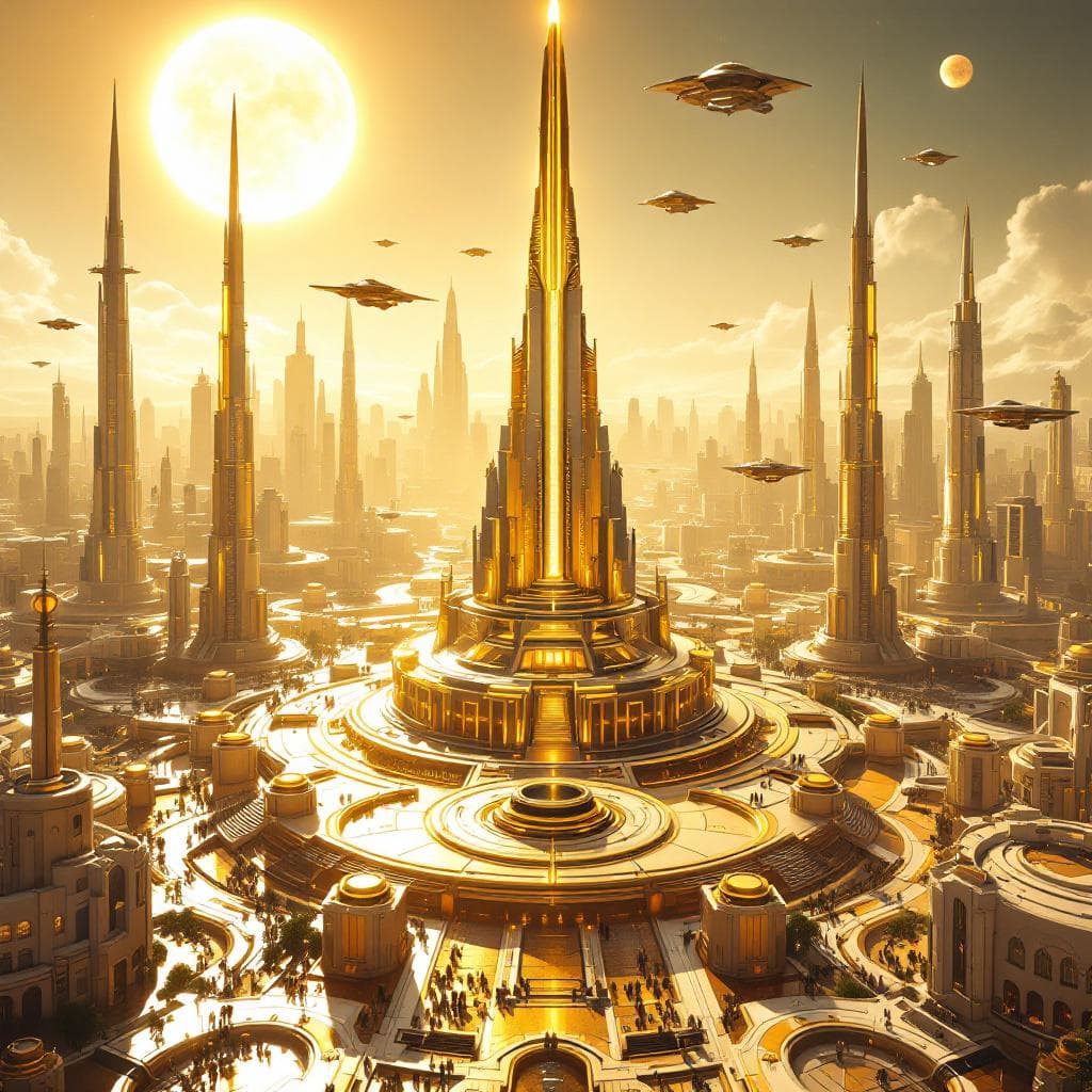 AI generated: Cinematic panorama of Vanguard Ascendancy, the capital of Auroraxi — a gleaming futuristic megacity ...