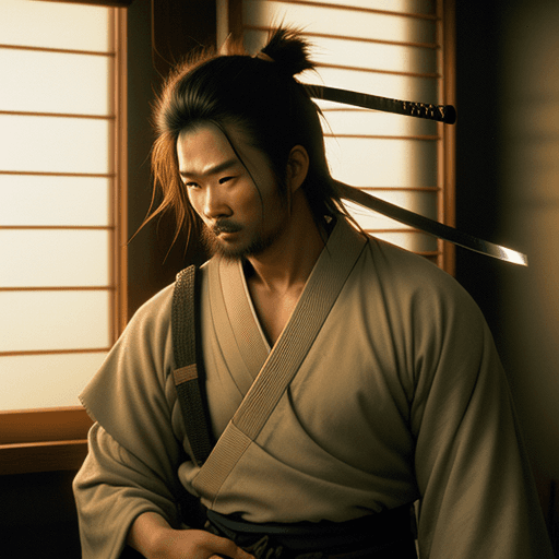 AI generated: Hyperrealistic photo, samurai with katana, shot on iphone 14 pro max, messy hair, cozy bright room :...