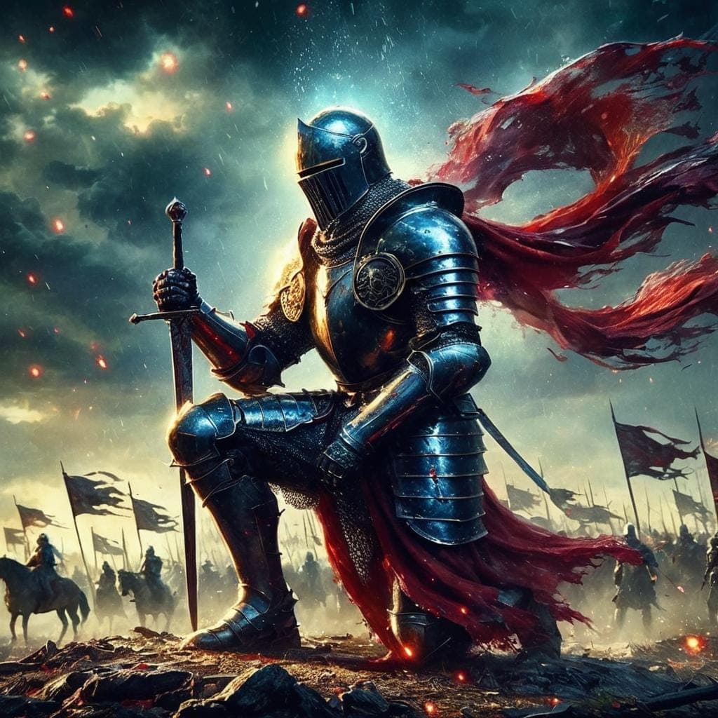 AI generated: A hyper realistic digital that image portrays an epic knight, donned in full plate armor, kneeling o...