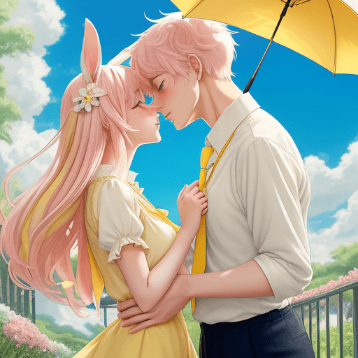 AI generated: Anime art. Romantic illustration, passionate kiss of a couple. A girl in a summer dress of yellow an...