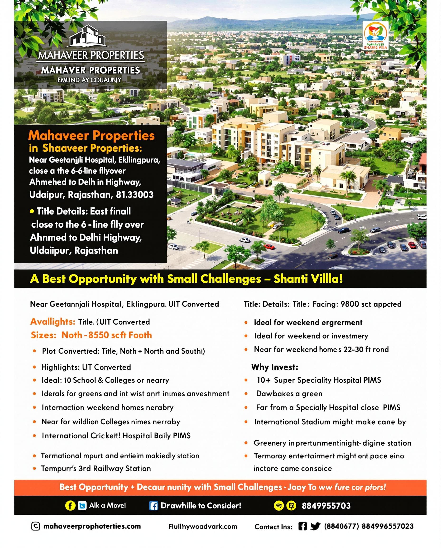 AI generated: Design a poster for Mahaveer Properties promoting Shanti Villa in Eklingpura, Udaipur, Rajasthan. Th...