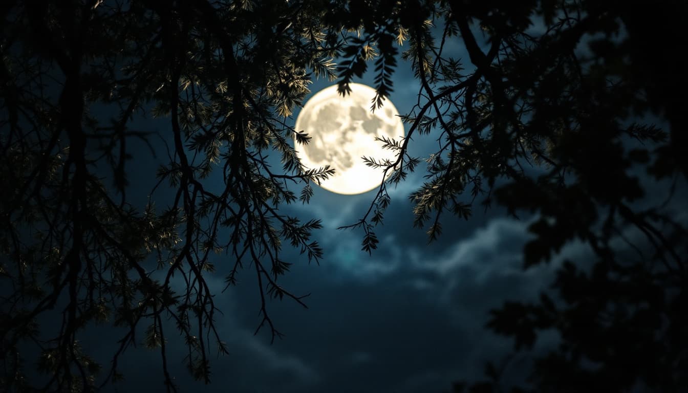 AI generated: A full moon shining through the branches above.
.at night

. Native Americans are gathered. soft dra...