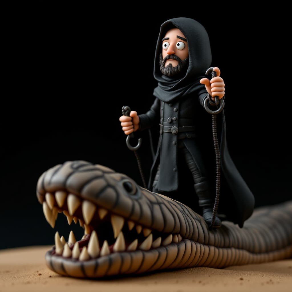 AI generated: Plasticine figure of Paul Atreides from the movie “Dune”, wearing a black freeman desert dweller cos...