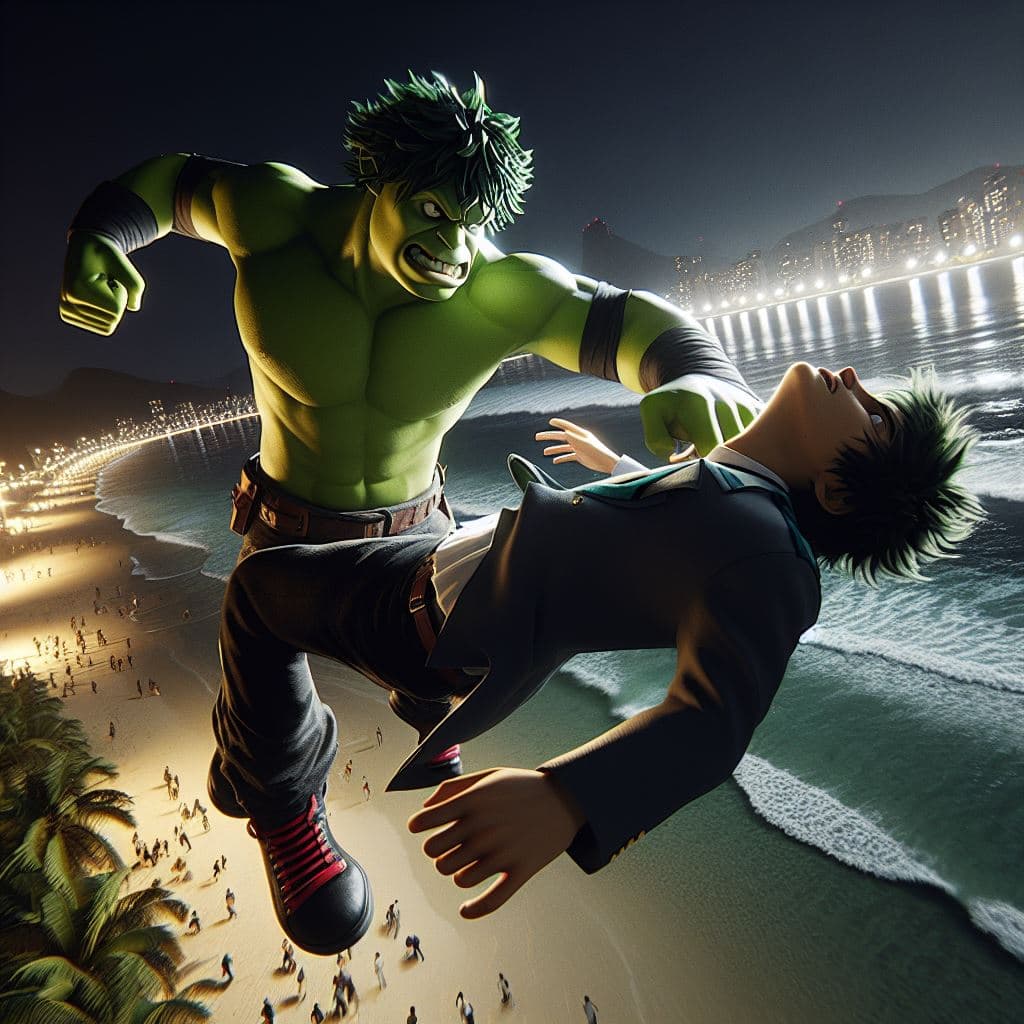 AI generated: Midoryia Izuku from my hero academia anime hiting strongly Shrek in the face in a duel fight in the ...