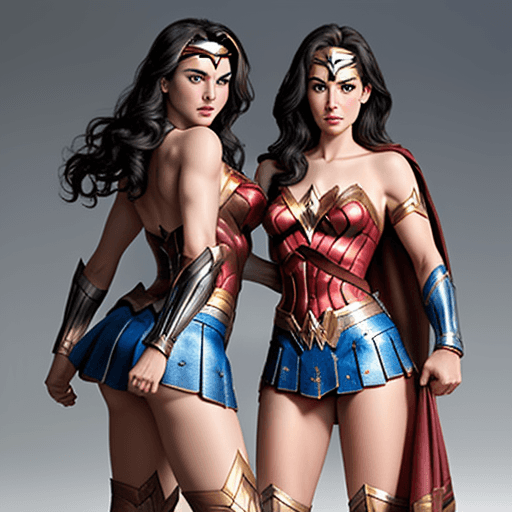 AI generated: Wonder woman and super girl bending down showing back skirt,  smooth ,high boots, mini skirt ,  full...
