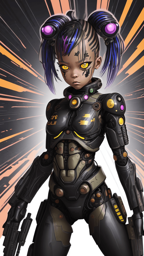AI generated: in a funky background portrait of little (((((Cyborg female))))):5.5,wearing ((army attire)):2.2, sh...