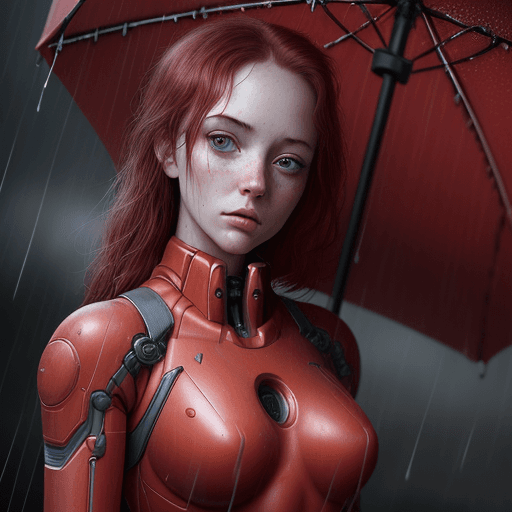 AI generated: young girl with a red robot suit standing in the rain, in the style of detailed hyperrealism, skotti...