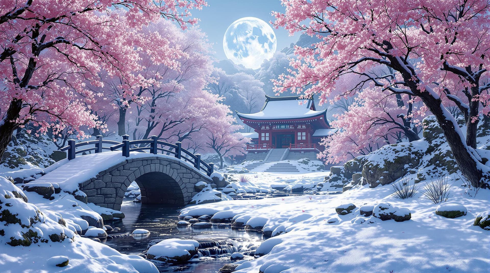 AI generated: A hyper realistic, panoramic scene of a snowy forest temple hidden away somewhere in Japan. Leading ...