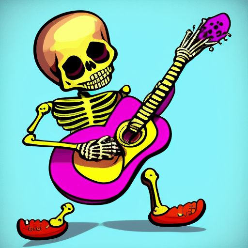 AI generated: Create an image of a skeleton playing a guitar. The skeleton should have a fun and joyful appearance...
