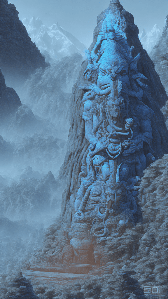 AI generated: A giant Lord Shiva carved mountain standing over a massive forest. Use the movie 'Dune' from Dennis ...
