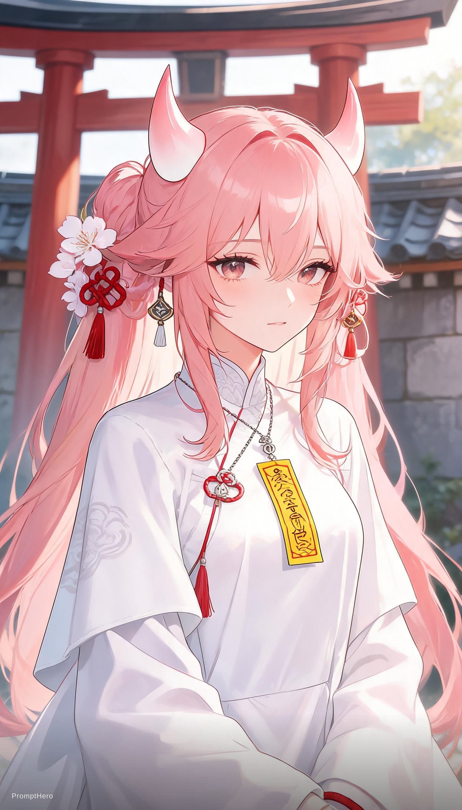 Hero prompt: 用途：风格化概念插画
  资产类型：奇幻角色半身肖像

  主要内容：一位成年幻想风阴阳师巫女，粉色...