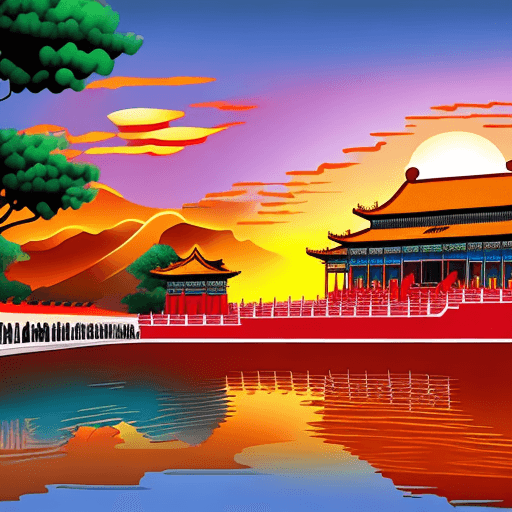 AI generated: Chinese Forbidden City at sunrise, vector graphics image