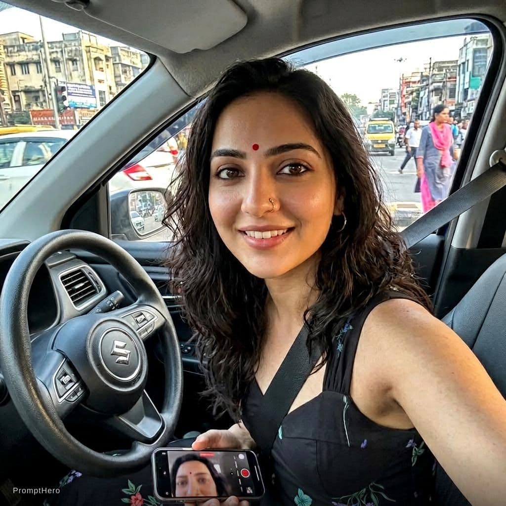 AI generated: this woman, but inside the car in the driver's seat, recording herself in selfie mode the face must ...