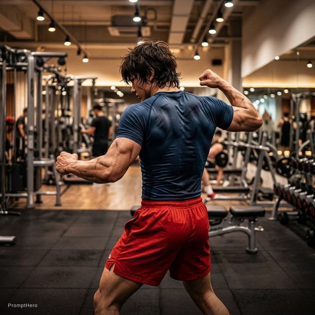 AI generated: baki hanma, backside view, A cinematic, photorealistic gym portrait of a shredded young man with mes...