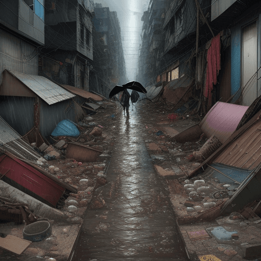 AI generated: A heavy storm and flooding of a slum area,iconic album covers,
rain,typhon,
litter,intricate detail,...