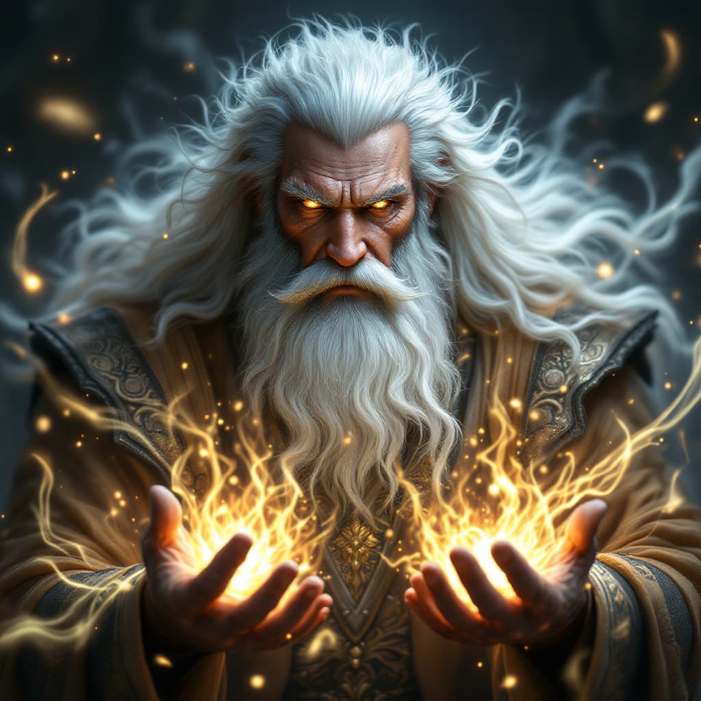 AI generated: Um ancião majestoso e imponente com longos cabelos e barba branca, vestindo uma túnica dourada cinti...