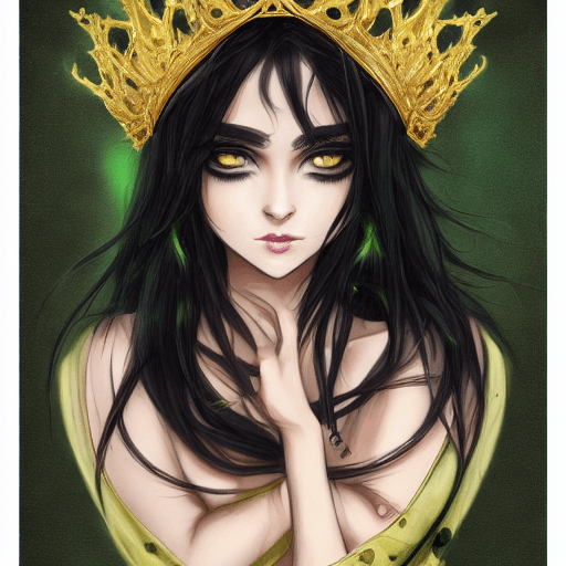 AI generated: black haired woman with green eyes, with a golden crown in the hair, art of wlop