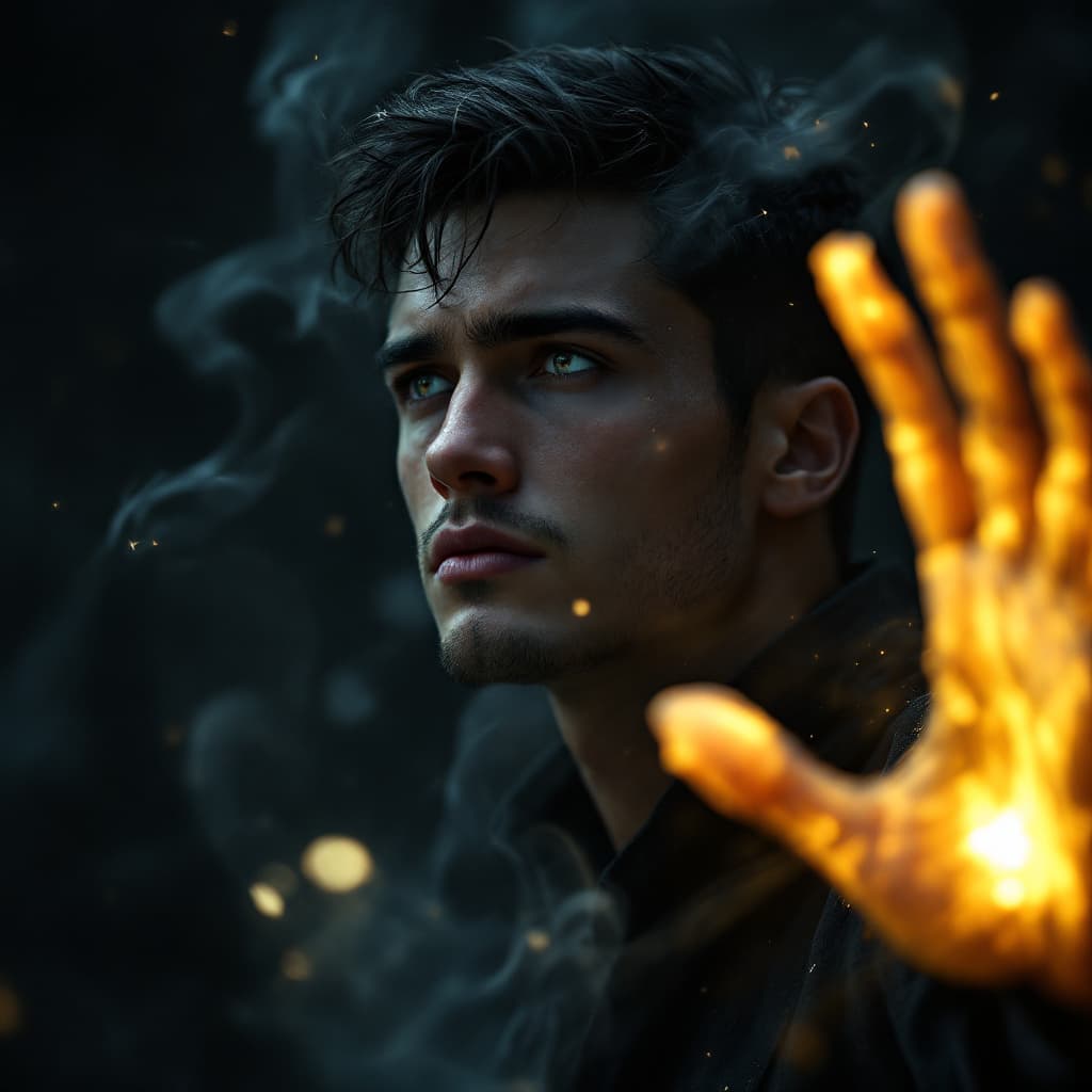 AI generated: A young man with sharp facial features, short dark hair, muscular body and deep, expressive eyes sta...