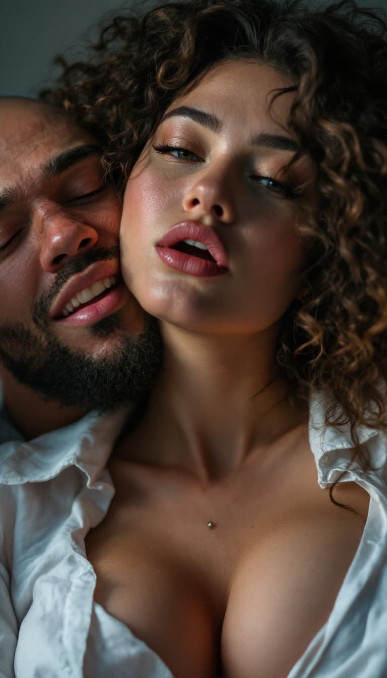 AI generated: curvy woman young xl breast intimate  A woman is on a man's face, . She is wearing a white shirt and...