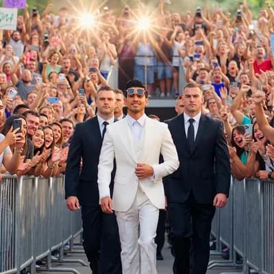 AI generated video: “A cinematic, ultra-realistic celebrity arrival sequence shot on ARRI Alexa with anamorphic lenses, ...
