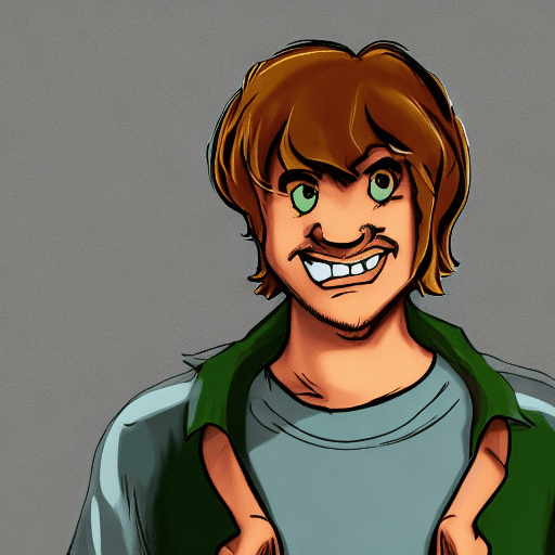 AI generated: shaggy from scooby doo, portrait, green t-shirt, light brown hair, strong, sharp focus, digital art,...